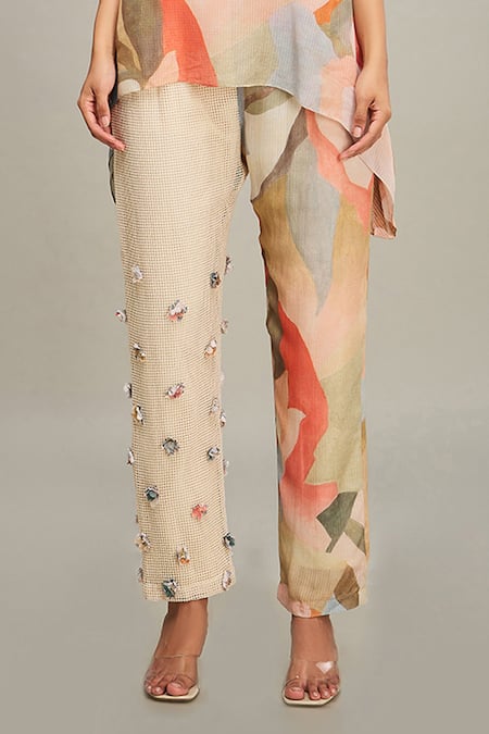 Soup By Sougat Paul_Multi Color Linen Beads, Embroidery Conversational Abstract Print Top And Pant Set _Online_at_Aza_Fashions
