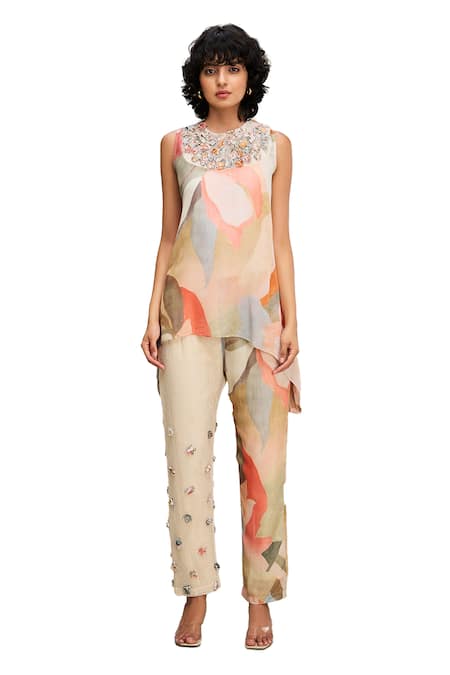 Buy_Soup By Sougat Paul_Multi Color Linen Beads, Embroidery Conversational Abstract Print Top And Pant Set _Online_at_Aza_Fashions