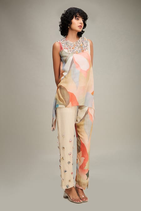 Shop_Soup By Sougat Paul_Multi Color Linen Beads, Embroidery Conversational Abstract Print Top And Pant Set _Online_at_Aza_Fashions