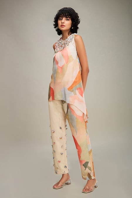 Soup By Sougat Paul_Multi Color Linen Beads, Embroidery Conversational Abstract Print Top And Pant Set _at_Aza_Fashions