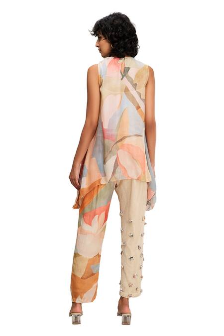 Buy_Soup By Sougat Paul_Multi Color Linen Beads, Embroidery Conversational Abstract Print Top And Pant Set 