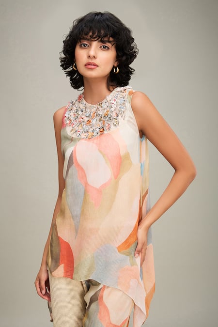 Shop_Soup By Sougat Paul_Multi Color Linen Beads, Embroidery Conversational Abstract Print Top And Pant Set 