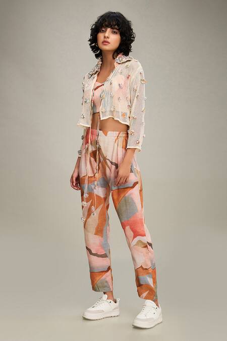 Soup By Sougat Paul Off White Linen, Handloom Cotton Conversation Hand Embroidered Jacket Pant Set at Aza Fashions Soup By Sougat Paul_Off White Linen, Handloom Cotton Conversation Hand Embroidered Jacket Pant Set _at_Aza_Fashions