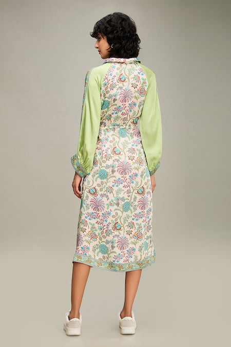 Shop_Soup By Sougat Paul_Multi Color Satin Embroidery, Sequins Collared Mehr Floral Print A-line Dress _at_Aza_Fashions