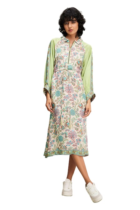 Soup By Sougat Paul_Multi Color Satin Embroidery, Sequins Collared Mehr Floral Print A-line Dress _Online_at_Aza_Fashions