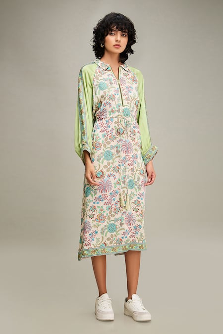 Buy_Soup By Sougat Paul_Multi Color Satin Embroidery, Sequins Collared Mehr Floral Print A-line Dress _Online_at_Aza_Fashions