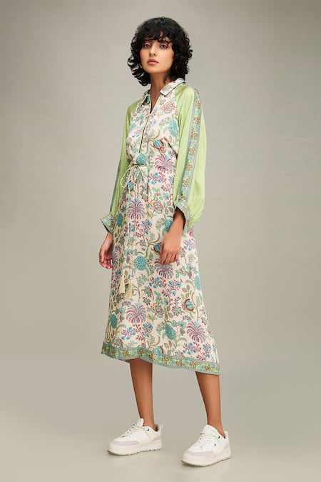 Shop_Soup By Sougat Paul_Multi Color Satin Embroidery, Sequins Collared Mehr Floral Print A-line Dress _Online_at_Aza_Fashions