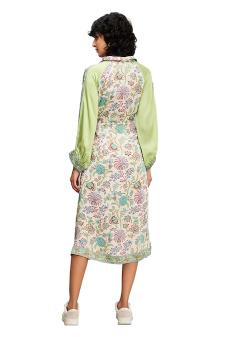 Soup By Sougat Paul_Multi Color Satin Embroidery, Sequins Collared Mehr Floral Print A-line Dress _at_Aza_Fashions