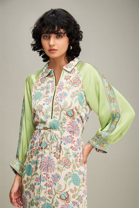 Buy_Soup By Sougat Paul_Multi Color Satin Embroidery, Sequins Collared Mehr Floral Print A-line Dress 