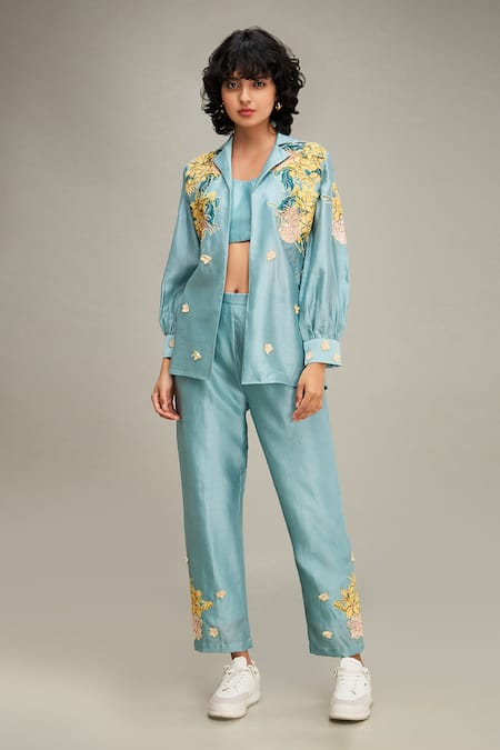 Soup by Sougat Paul Blue Chanderi Applique Hand Embroidered Floral Jacket Lapel Zinnia Pant Set 