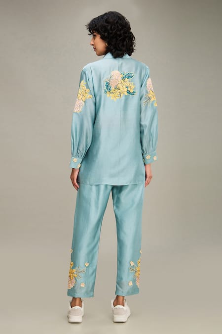Shop Soup By Sougat Paul Blue Chanderi Embroidery Collared, V-neck Zinnia Applique Jacket Pant Set at Aza Fashions Shop_Soup By Sougat Paul_Blue Chanderi Embroidery Collared, V-neck Zinnia Applique Jacket Pant Set _at_Aza_Fashions