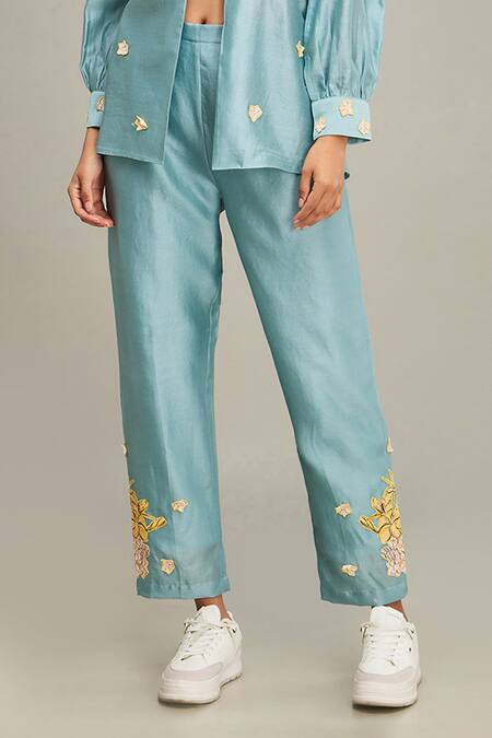 Soup By Sougat Paul Blue Chanderi Embroidery Collared, V-neck Zinnia Applique Jacket Pant Set Online at Aza Fashions Soup By Sougat Paul_Blue Chanderi Embroidery Collared, V-neck Zinnia Applique Jacket Pant Set _Online_at_Aza_Fashions