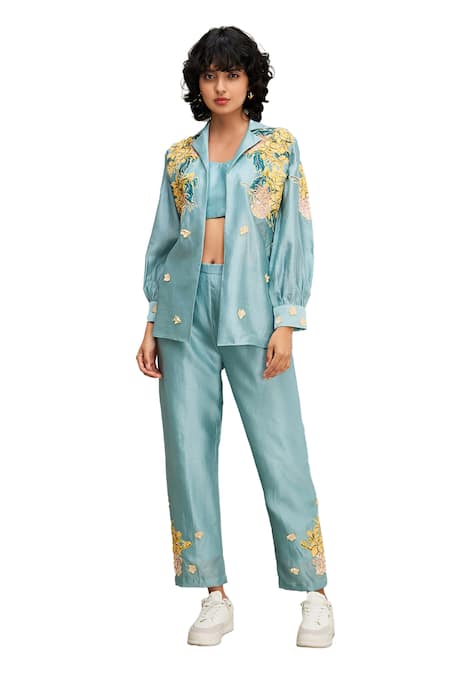 Buy Soup By Sougat Paul Blue Chanderi Embroidery Collared, V-neck Zinnia Applique Jacket Pant Set Online at Aza Fashions Buy_Soup By Sougat Paul_Blue Chanderi Embroidery Collared, V-neck Zinnia Applique Jacket Pant Set _Online_at_Aza_Fashions