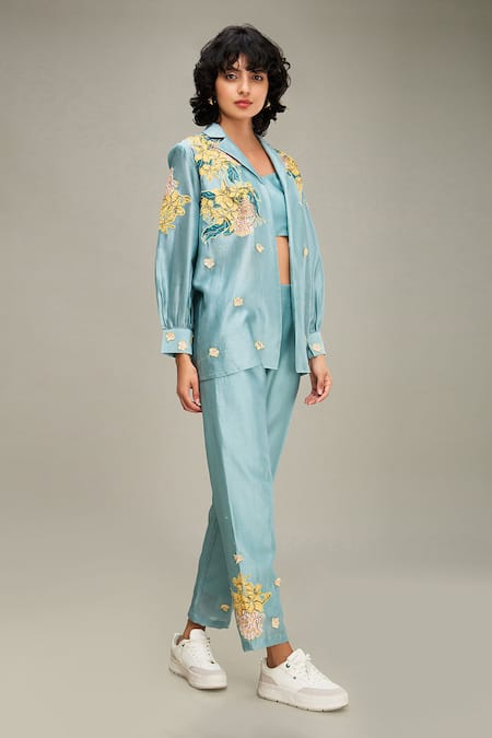 Shop Soup By Sougat Paul Blue Chanderi Embroidery Collared, V-neck Zinnia Applique Jacket Pant Set Online at Aza Fashions Shop_Soup By Sougat Paul_Blue Chanderi Embroidery Collared, V-neck Zinnia Applique Jacket Pant Set _Online_at_Aza_Fashions