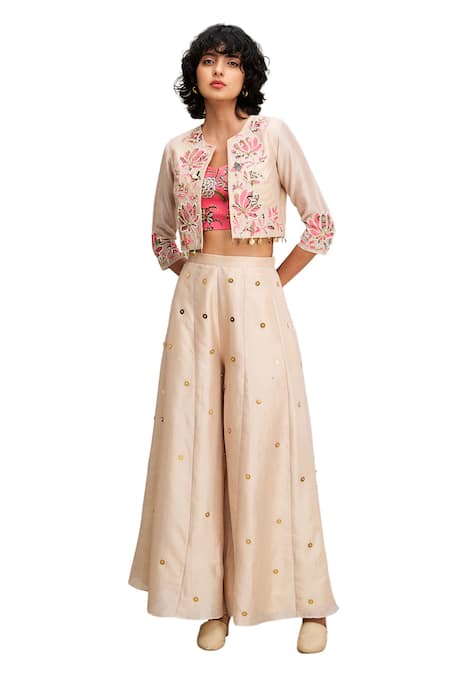 Buy Soup By Sougat Paul Beige Chanderi Embroidery V-, Round Mehr Hand Jacket Palazzo Set Online at Aza Fashions Buy_Soup By Sougat Paul_Beige Chanderi Embroidery V-, Round Mehr Hand Jacket Palazzo Set _Online_at_Aza_Fashions