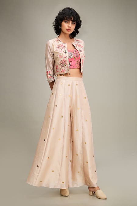 Shop Soup By Sougat Paul Beige Chanderi Embroidery V-, Round Mehr Hand Jacket Palazzo Set Online at Aza Fashions Shop_Soup By Sougat Paul_Beige Chanderi Embroidery V-, Round Mehr Hand Jacket Palazzo Set _Online_at_Aza_Fashions