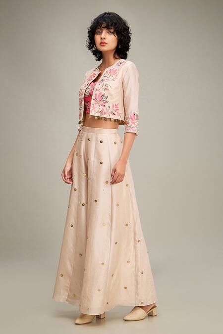Soup By Sougat Paul Beige Chanderi Embroidery V-, Round Mehr Hand Jacket Palazzo Set at Aza Fashions Soup By Sougat Paul_Beige Chanderi Embroidery V-, Round Mehr Hand Jacket Palazzo Set _at_Aza_Fashions