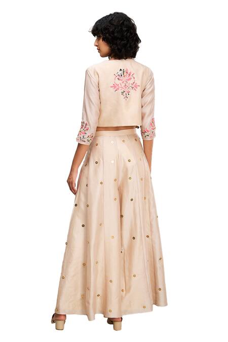Buy Soup By Sougat Paul Beige Chanderi Embroidery V-, Round Mehr Hand Jacket Palazzo Set Buy_Soup By Sougat Paul_Beige Chanderi Embroidery V-, Round Mehr Hand Jacket Palazzo Set