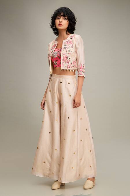 Shop Soup By Sougat Paul Beige Chanderi Embroidery V-, Round Mehr Hand Jacket Palazzo Set Shop_Soup By Sougat Paul_Beige Chanderi Embroidery V-, Round Mehr Hand Jacket Palazzo Set