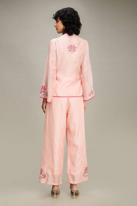 Shop Soup By Sougat Paul Pink Chanderi Embroidery V-neck Mehr Hand Top And Pant Set at Aza Fashions Shop_Soup By Sougat Paul_Pink Chanderi Embroidery V-neck Mehr Hand Top And Pant Set _at_Aza_Fashions