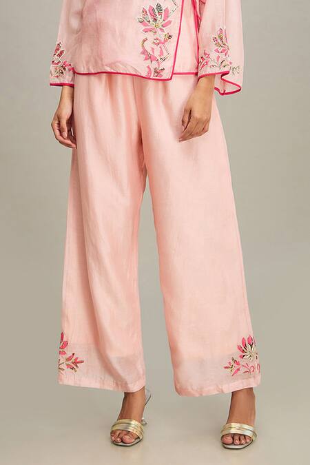 Soup By Sougat Paul Pink Chanderi Embroidery V-neck Mehr Hand Top And Pant Set Online at Aza Fashions Soup By Sougat Paul_Pink Chanderi Embroidery V-neck Mehr Hand Top And Pant Set _Online_at_Aza_Fashions