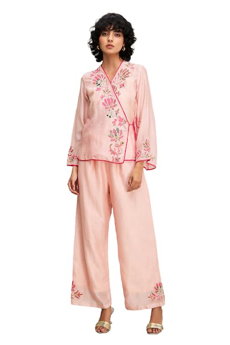 Buy Soup By Sougat Paul Pink Chanderi Embroidery V-neck Mehr Hand Top And Pant Set Online at Aza Fashions Buy_Soup By Sougat Paul_Pink Chanderi Embroidery V-neck Mehr Hand Top And Pant Set _Online_at_Aza_Fashions