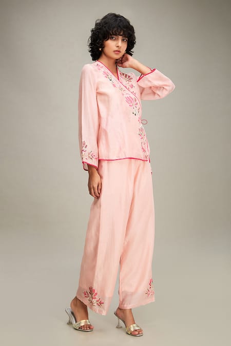 Shop Soup By Sougat Paul Pink Chanderi Embroidery V-neck Mehr Hand Top And Pant Set Online at Aza Fashions Shop_Soup By Sougat Paul_Pink Chanderi Embroidery V-neck Mehr Hand Top And Pant Set _Online_at_Aza_Fashions