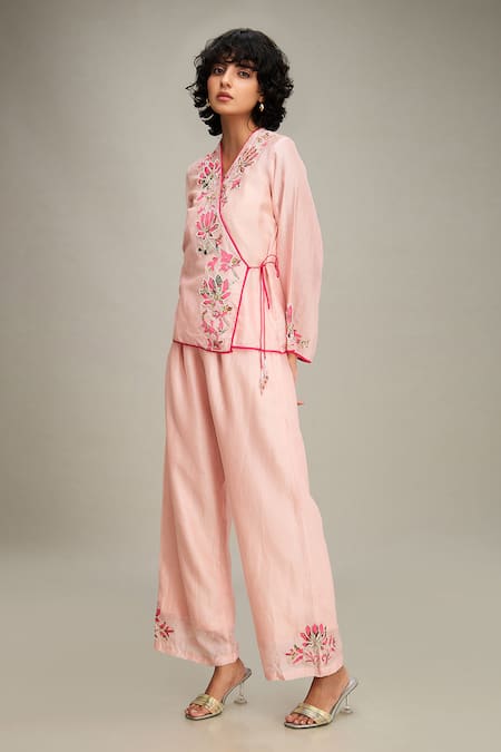 Soup By Sougat Paul Pink Chanderi Embroidery V-neck Mehr Hand Top And Pant Set at Aza Fashions Soup By Sougat Paul_Pink Chanderi Embroidery V-neck Mehr Hand Top And Pant Set _at_Aza_Fashions