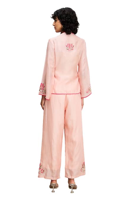 Buy Soup By Sougat Paul Pink Chanderi Embroidery V-neck Mehr Hand Top And Pant Set Buy_Soup By Sougat Paul_Pink Chanderi Embroidery V-neck Mehr Hand Top And Pant Set