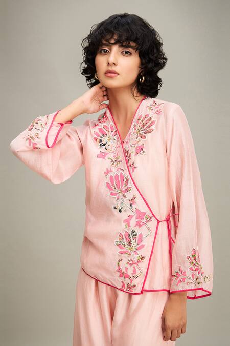 Shop Soup By Sougat Paul Pink Chanderi Embroidery V-neck Mehr Hand Top And Pant Set Shop_Soup By Sougat Paul_Pink Chanderi Embroidery V-neck Mehr Hand Top And Pant Set