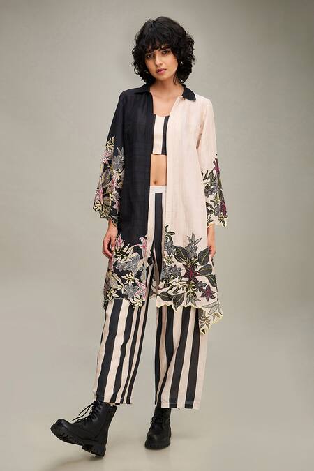 Soup By Sougat Paul Black Linen Embroidery V-neck, Collared Ahyana Hand Jacket Pant Set at Aza Fashions Soup By Sougat Paul_Black Linen Embroidery V-neck, Collared Ahyana Hand Jacket Pant Set _at_Aza_Fashions