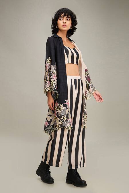 Buy Soup By Sougat Paul Black Linen Embroidery V-neck, Collared Ahyana Hand Jacket Pant Set Buy_Soup By Sougat Paul_Black Linen Embroidery V-neck, Collared Ahyana Hand Jacket Pant Set