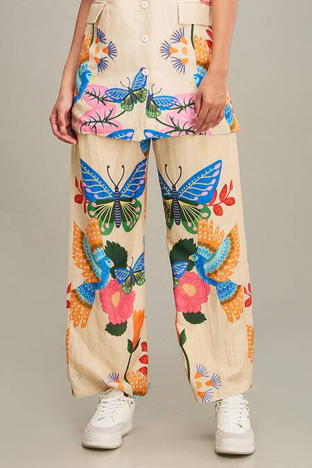 Soup By Sougat Paul_Beige Linen Embroidery Collared Avain Hand Top And Pant Set _Online_at_Aza_Fashions