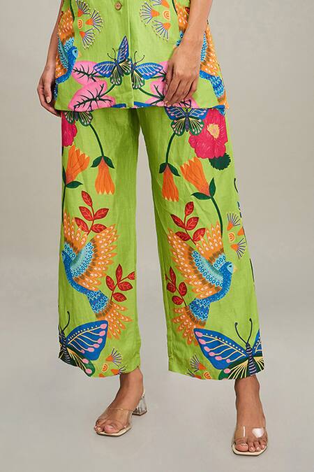 Soup By Sougat Paul Green Linen Embroidery Collared Avain Top And Pant Set Online at Aza Fashions Soup By Sougat Paul_Green Linen Embroidery Collared Avain Top And Pant Set _Online_at_Aza_Fashions