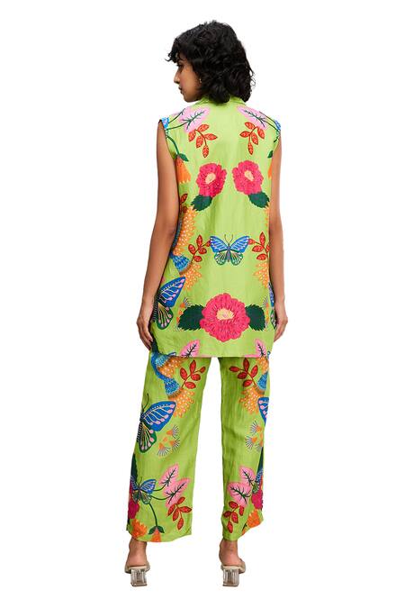 Buy Soup By Sougat Paul Green Linen Embroidery Collared Avain Top And Pant Set Buy_Soup By Sougat Paul_Green Linen Embroidery Collared Avain Top And Pant Set