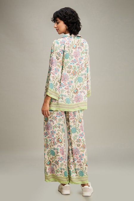 Shop_Soup By Sougat Paul_Multi Color Satin Collared Mehr Floral Print Jacket Pant Set _at_Aza_Fashions