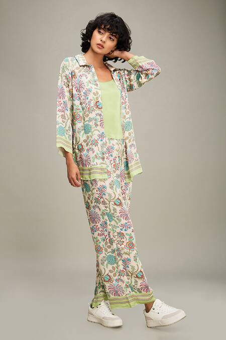 Shop_Soup By Sougat Paul_Multi Color Satin Collared Mehr Floral Print Jacket Pant Set _Online_at_Aza_Fashions