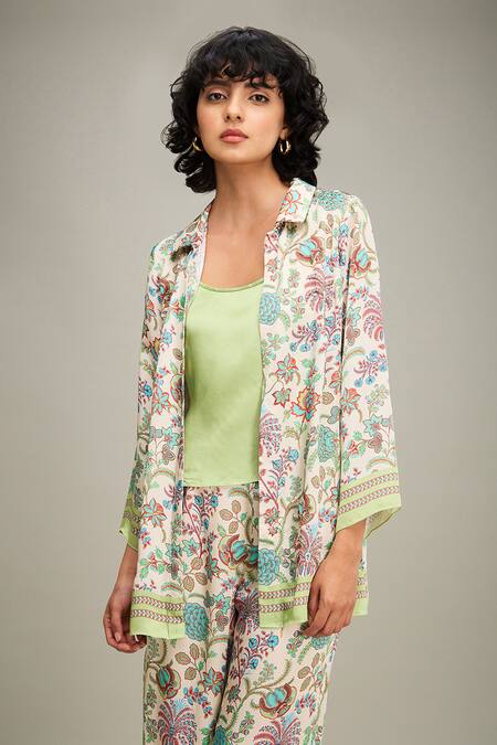 Shop_Soup By Sougat Paul_Multi Color Satin Collared Mehr Floral Print Jacket Pant Set 