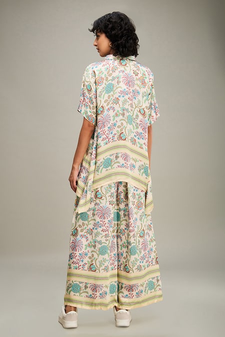 Shop Soup By Sougat Paul Multi Color Satin Embroidery Collared Mehr Floral Print Top And Pant Set at Aza Fashions Shop_Soup By Sougat Paul_Multi Color Satin Embroidery Collared Mehr Floral Print Top And Pant Set _at_Aza_Fashions