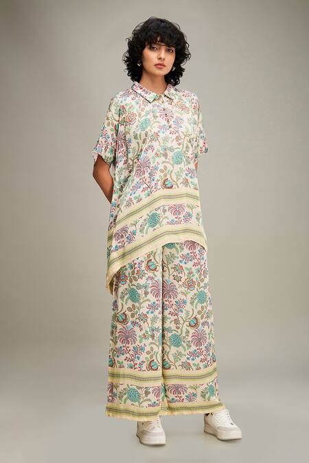 Shop Soup By Sougat Paul Multi Color Satin Embroidery Collared Mehr Floral Print Top And Pant Set Online at Aza Fashions Shop_Soup By Sougat Paul_Multi Color Satin Embroidery Collared Mehr Floral Print Top And Pant Set _Online_at_Aza_Fashions