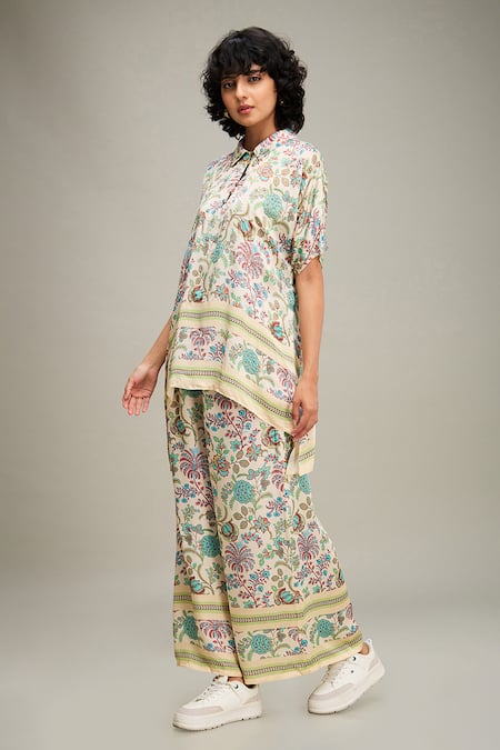 Soup By Sougat Paul Multi Color Satin Embroidery Collared Mehr Floral Print Top And Pant Set at Aza Fashions Soup By Sougat Paul_Multi Color Satin Embroidery Collared Mehr Floral Print Top And Pant Set _at_Aza_Fashions