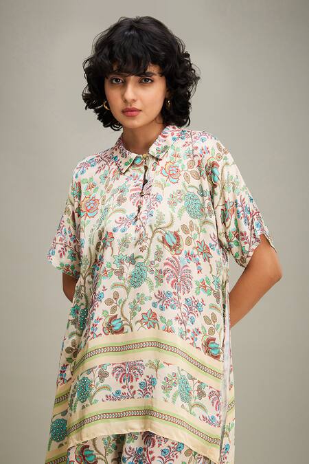 Shop Soup By Sougat Paul Multi Color Satin Embroidery Collared Mehr Floral Print Top And Pant Set Shop_Soup By Sougat Paul_Multi Color Satin Embroidery Collared Mehr Floral Print Top And Pant Set