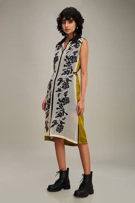 Shop Soup By Sougat Paul Off White Handloom Cotton, Satin Embroidery Collared Zinnia Hand Dress Online at Aza Fashions Shop_Soup By Sougat Paul_Off White Handloom Cotton, Satin Embroidery Collared Zinnia Hand Dress _Online_at_Aza_Fashions