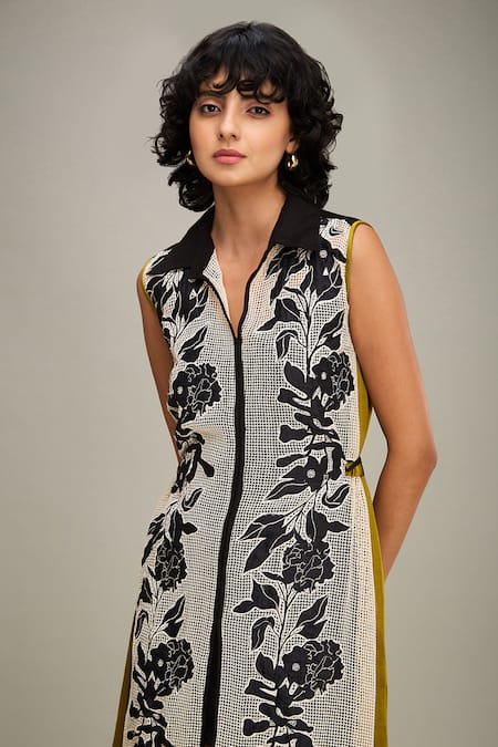 Buy Soup By Sougat Paul Off White Handloom Cotton, Satin Embroidery Collared Zinnia Hand Dress Buy_Soup By Sougat Paul_Off White Handloom Cotton, Satin Embroidery Collared Zinnia Hand Dress