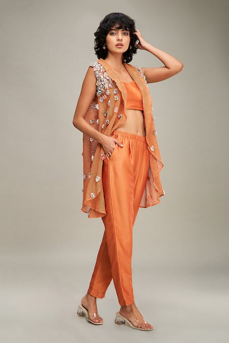 Soup by Sougat Paul Orange Top And Pant Chanderi Hand Embroidered Conversational Set  