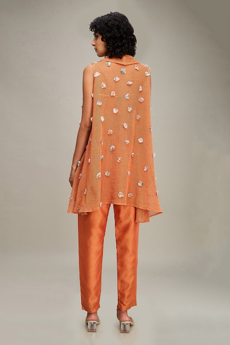 Shop Soup By Sougat Paul Orange Chanderi, Handloom Cotton Conversational Hand Jacket Pant Set at Aza Fashions Shop_Soup By Sougat Paul_Orange Chanderi, Handloom Cotton Conversational Hand Jacket Pant Set _at_Aza_Fashions