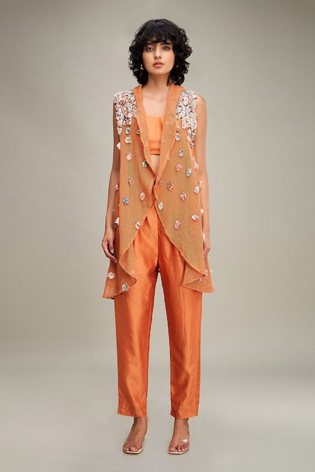 Soup By Sougat Paul Orange Chanderi, Handloom Cotton Conversational Hand Jacket Pant Set Online at Aza Fashions Soup By Sougat Paul_Orange Chanderi, Handloom Cotton Conversational Hand Jacket Pant Set _Online_at_Aza_Fashions