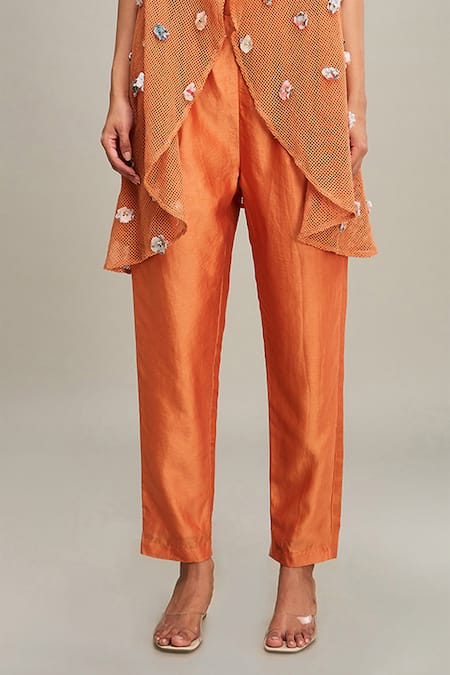 Buy Soup By Sougat Paul Orange Chanderi, Handloom Cotton Conversational Hand Jacket Pant Set Online at Aza Fashions Buy_Soup By Sougat Paul_Orange Chanderi, Handloom Cotton Conversational Hand Jacket Pant Set _Online_at_Aza_Fashions