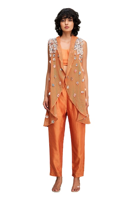 Shop Soup By Sougat Paul Orange Chanderi, Handloom Cotton Conversational Hand Jacket Pant Set Online at Aza Fashions Shop_Soup By Sougat Paul_Orange Chanderi, Handloom Cotton Conversational Hand Jacket Pant Set _Online_at_Aza_Fashions