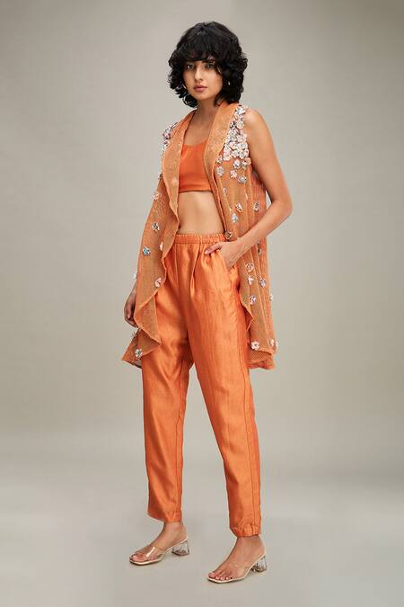 Soup By Sougat Paul Orange Chanderi, Handloom Cotton Conversational Hand Jacket Pant Set at Aza Fashions Soup By Sougat Paul_Orange Chanderi, Handloom Cotton Conversational Hand Jacket Pant Set _at_Aza_Fashions